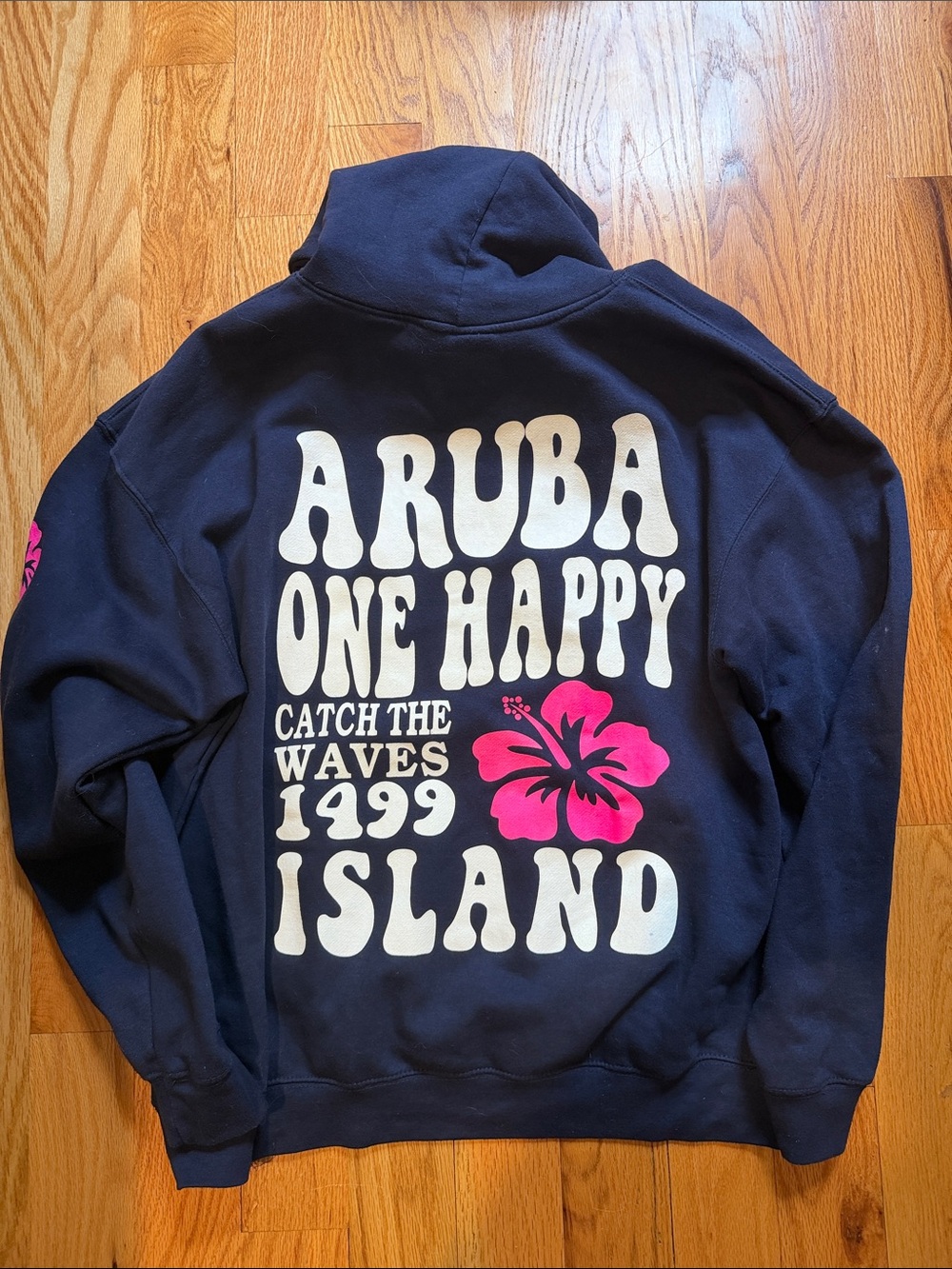 Aruba One Happy Island Navy Blue Sweatshirt Hoodie with Bubble Letters Design